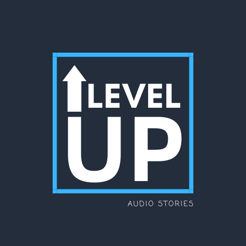 A dark blue square with white lettering that reads "Level Up Audio Project"