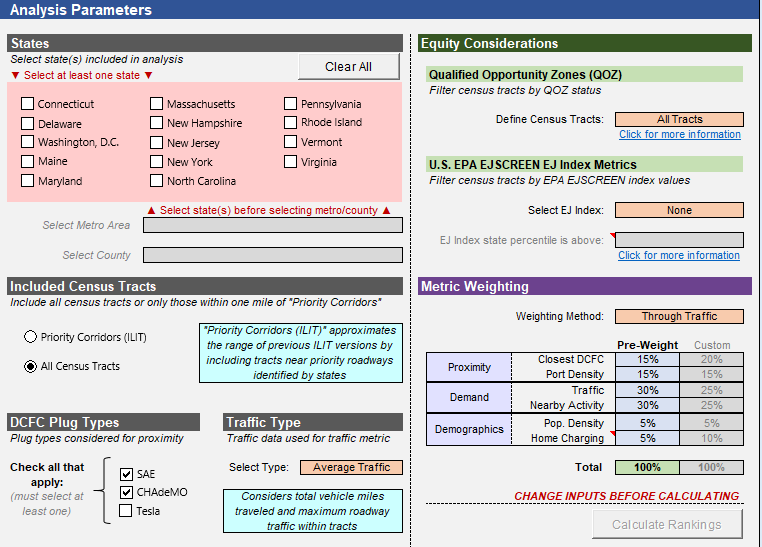 A screenshot of the ILIT Location Analysis Model, showing the analysis inputs and filters that allow a user of the ILIT to determine the geographic scope of the analysis, the metrics for analysis, and equity considerations to include. 