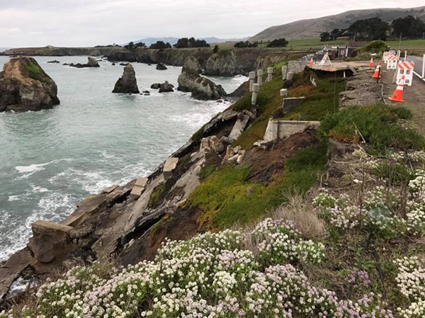 Erosion affecting State Route 1 in Sonoma County, CA, where Caltrans is pursuing a realignment project. Source: Caltrans.