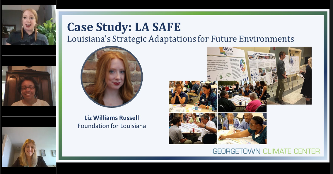 <img src="/files/MRT/MRT_vid_SCREENSHOT.png" alt="A screenshot of a webinar. On the left, there are three squares showing video of the presenters. From top to bottom: Liz Williams Russell (Foundation for Louisiana), Fawn McGee (New Jersey Blue Acres Program), and Katie Spidalieri (GCC). On the right is a powerpoint slide with a light blue background and a green and blue gradient border. The title of the slide reads "Case Study: LA SAFE." The subtitle reads: "Louisiana's Strategic Adaptation for Future Environments." There is a head shot of Liz Williams Russell and pictures of people examining charts and talking around tables at public outreach events." style="margin: 5px; float: right;" width="325" height="170" />