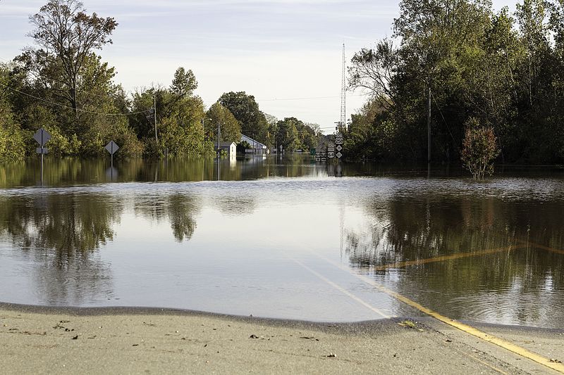 A flooded road in Princeville, North Carolina after Hurricane Matthew