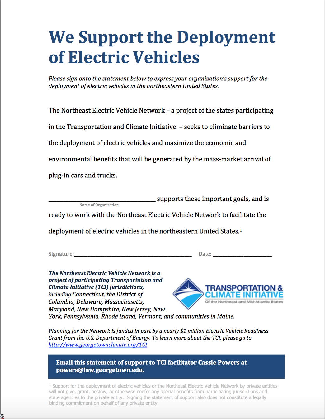 Northeast Electric Vehicle Network Partner Pledge