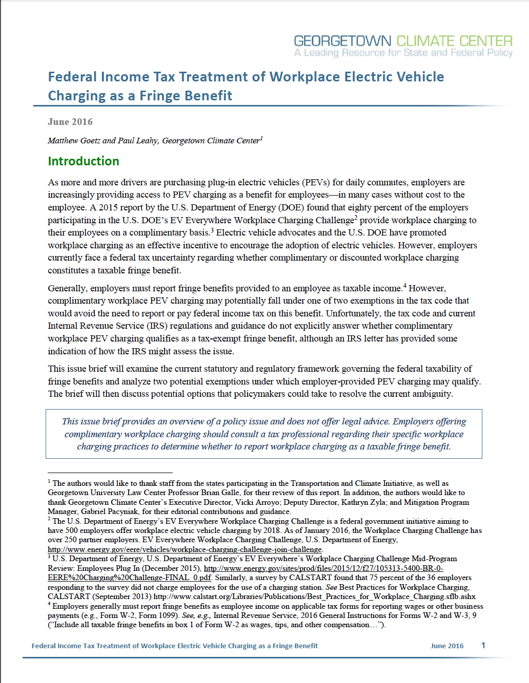 Federal Income Tax Treatment of Workplace Electric Vehicle Charging as a Fringe Benefit