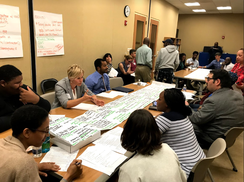 Men and women sit around a table discussing; there is a large piece of paper that runs across the table with lots of small writing, signifying they've been brainstorming and planning.