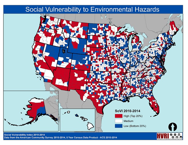 A map of the US titled, "Social Vulnerability to Environmental Hazards" showing data from 2010-2014. The map shows parts of the US signifying social vulnerability to environmental hazards based on the Social Vulnerability Index, with red counties indicating high vulnerability, white indicating medium, and blue indicating low. There are notable red clusters in the southwestern United Stated and Florida, and notable blue clusters where Nevada, Wyoming, Idaho, Utah, and Colorado meet, and along the east coast.