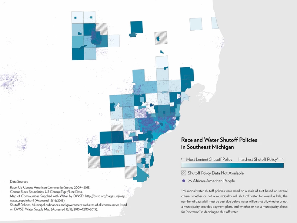 A map showing the overlap of Race and Water Shutoff Policies in Southeast Michigan. It clearly shows an overlap of the areas with the harshest water shutoff policies and African American populations.