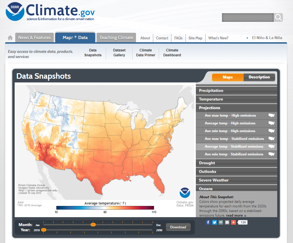 A screenshot of the climate.gov webpage hosted by NOAA, displaying a map of the US that shows a projection of average temperatures under a stabilized emissions scenario. The Pacific Northwest is shaded mostly light blue, while the rest of the country is mostly light to medium orange, with a deeper red color signifying greater temperature increases in the southern United States.